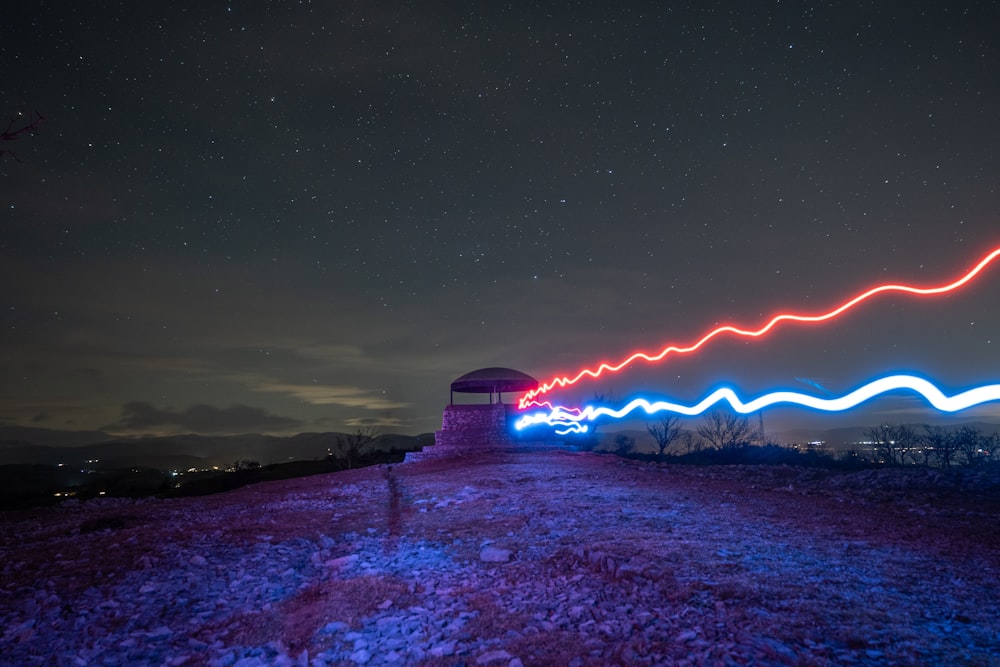 a building with lights on at night