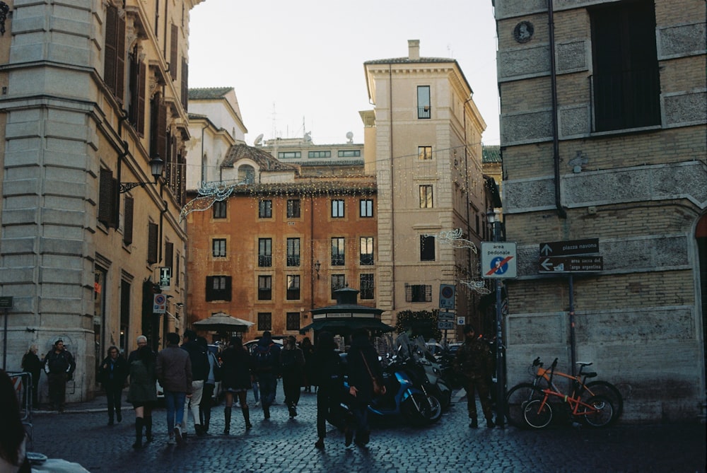 a group of people in a city