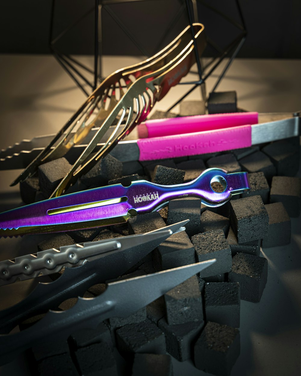 a group of scissors and combs