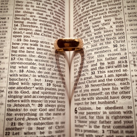 An open Bible with a gold ring placed on it, casting a heart-shaped shadow on the pages. The text is from Ephesians, focusing on themes related to love and wisdom.