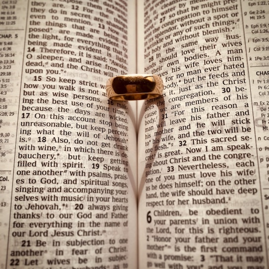 An open Bible with a gold ring placed on it, casting a heart-shaped shadow on the pages. The text is from Ephesians, focusing on themes related to love and wisdom.