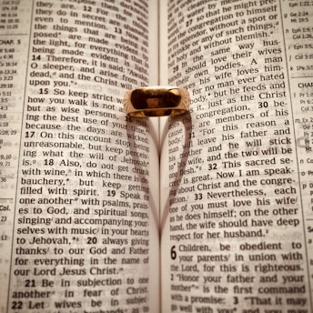 An open Bible with a gold ring placed on it, casting a heart-shaped shadow on the pages. The text is from Ephesians, focusing on themes related to love and wisdom.