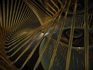 A vast, deep star trail swirling around a glowing golden geometric matrix, evoking a futuristic compass.