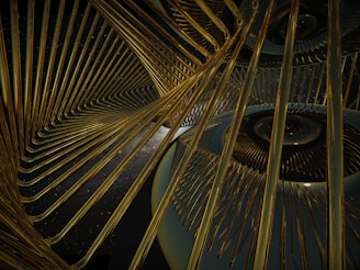 A complex abstract structure composed of intertwined golden spirals and rods, set against a dark starry background. The design creates a sense of motion and depth with its intricate, repetitive patterns.