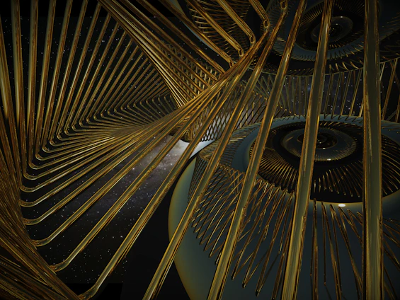 A vast, deep star trail swirling around a glowing golden geometric matrix, evoking a futuristic compass.