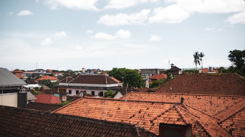 a group of rooftops with trees and blue sky