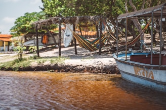 A scenic lakeside view with a small boat docked by the shore and several colorful hammocks hung under a rustic wooden shelter. Surfboards are stacked nearby, and trees provide shade, adding a tranquil atmosphere. A distant building with a red-tiled roof can be seen surrounded by greenery.