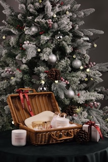 a basket of food next to a christmas tree