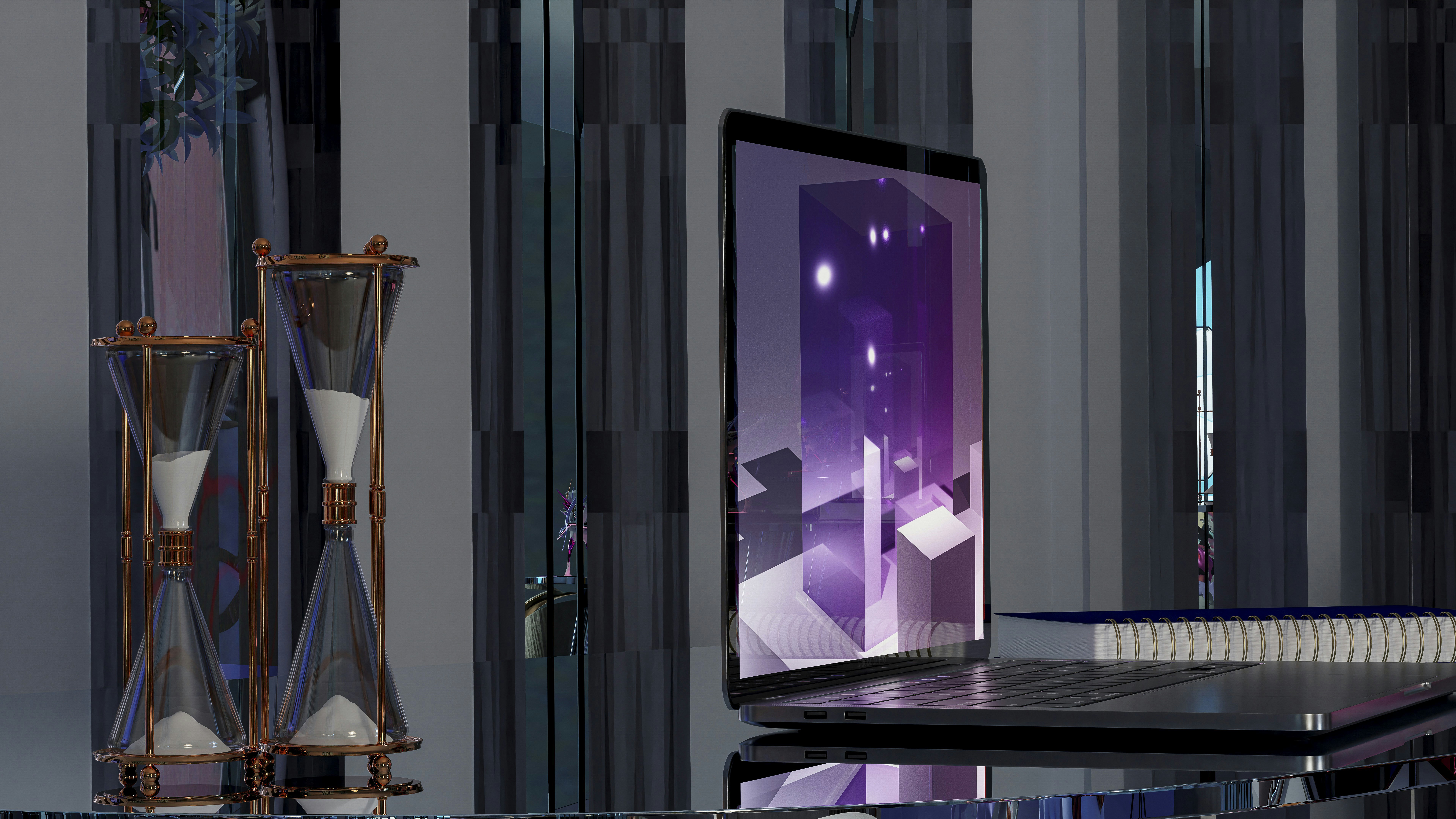 Modern workspace with multiple devices showing AI-powered video creation platforms and animated characters