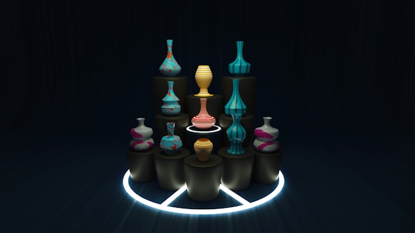 A collection of colorful 3D printed vases on display.