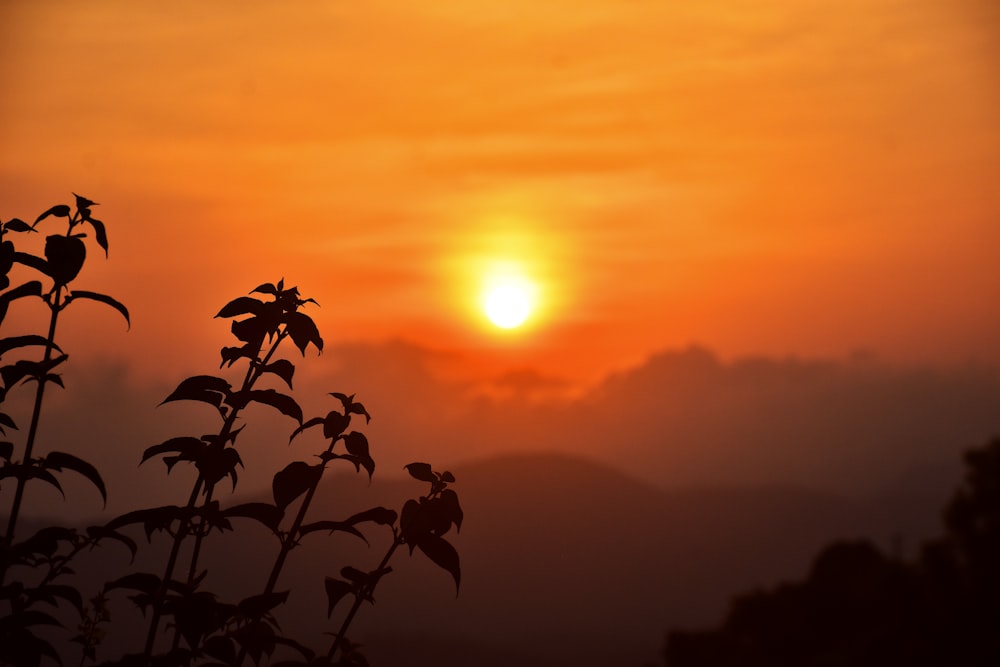 a sunset over a mountain