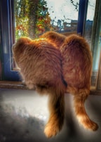Two fluffy orange cats sitting closely together on a windowsill. Their back is facing the viewer, and they are gazing outside through the window. The surrounding scenery through the window is characterized by trees with autumn foliage.