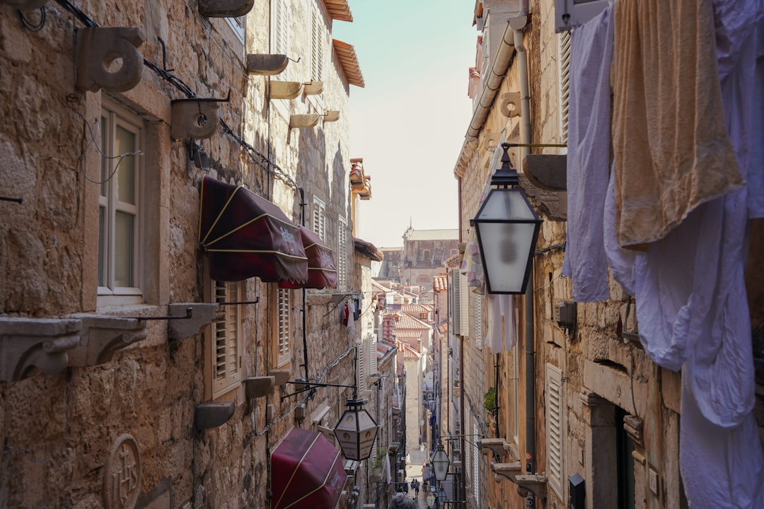 a street with buildings and lamps,