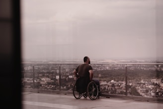 a person in a wheelchair looking out a window at a city