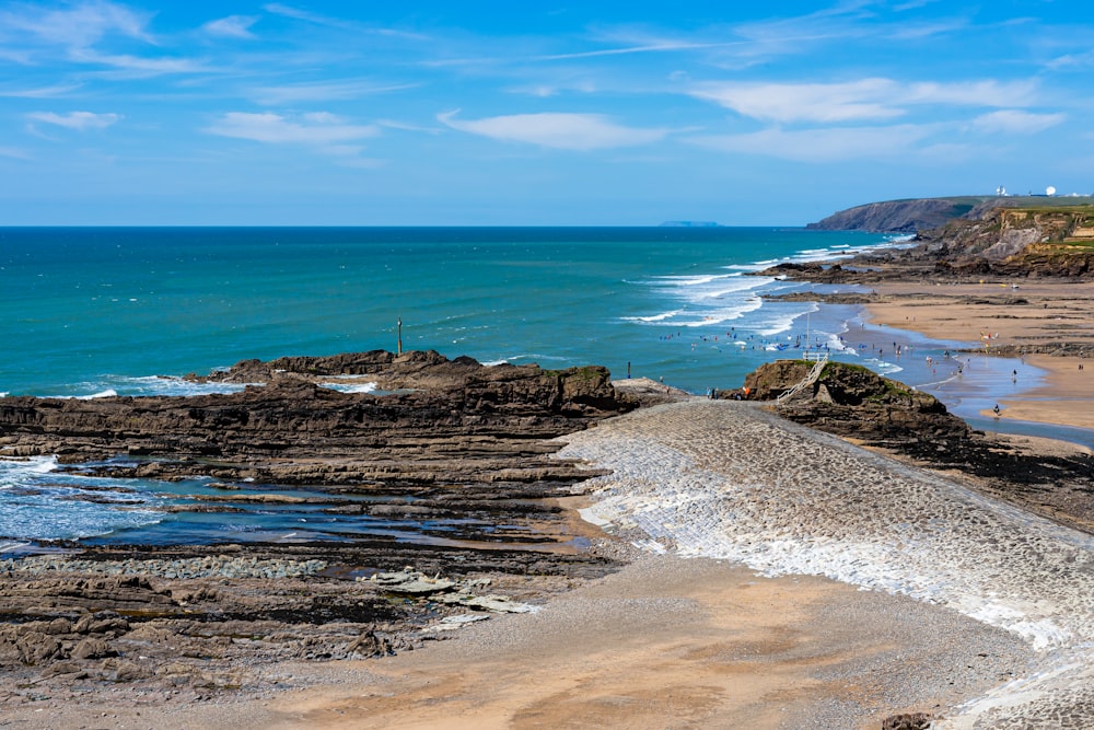 a beach with rocks and water