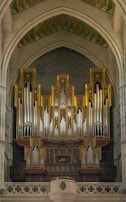 A grand pipe organ is set within a gothic-style cathedral, featuring intricate golden and metallic pipes arranged symmetrically within arched stonework. The organ is framed by geometric patterns on the ceiling, adding a decorative element.
