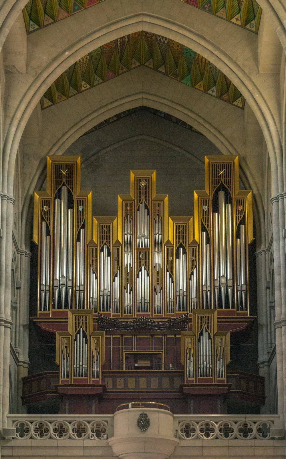 a large pipe organ in a large building