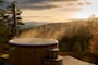 a wooden deck overlooking a forest