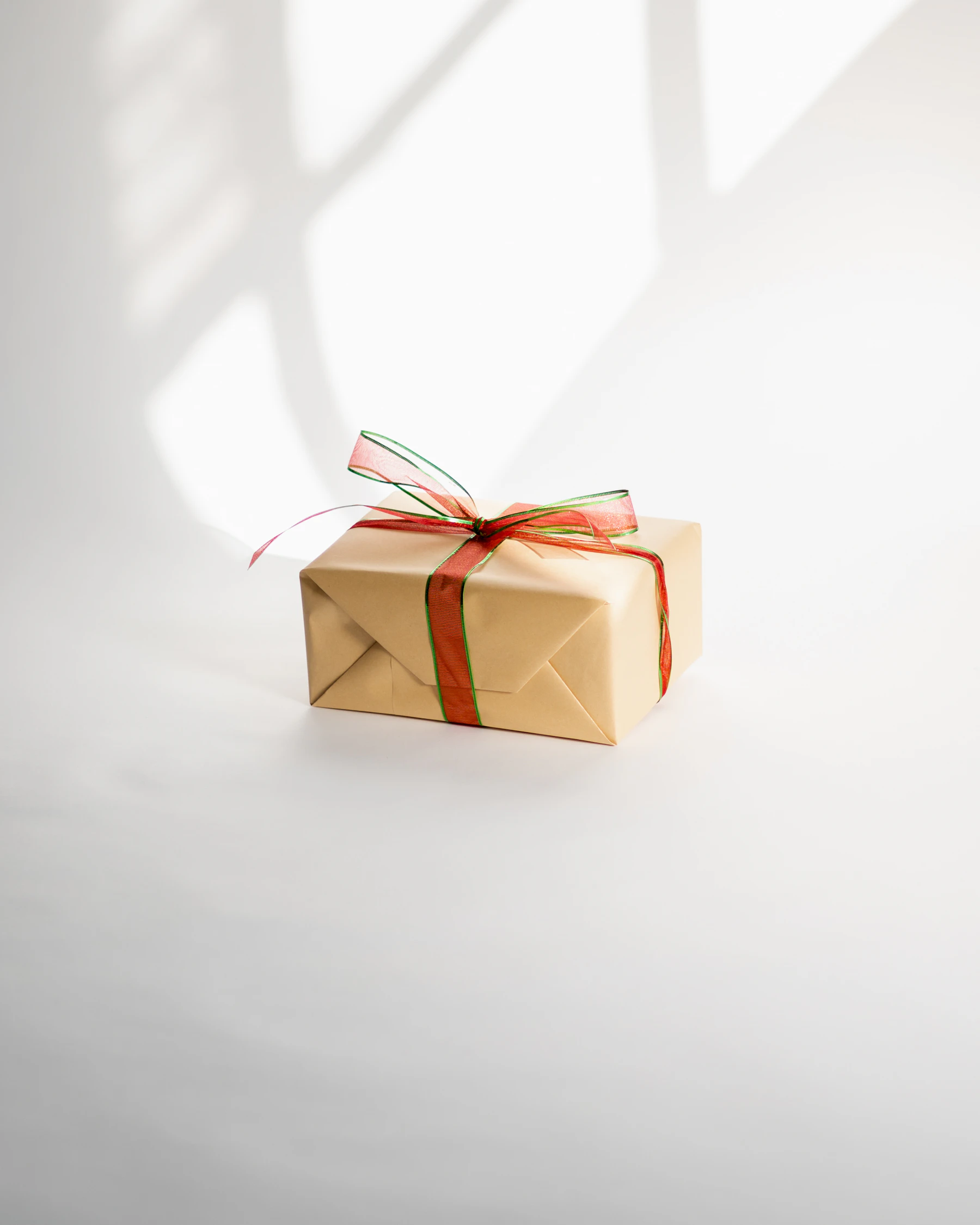 A gift wrapped in brown paper with a ribbon