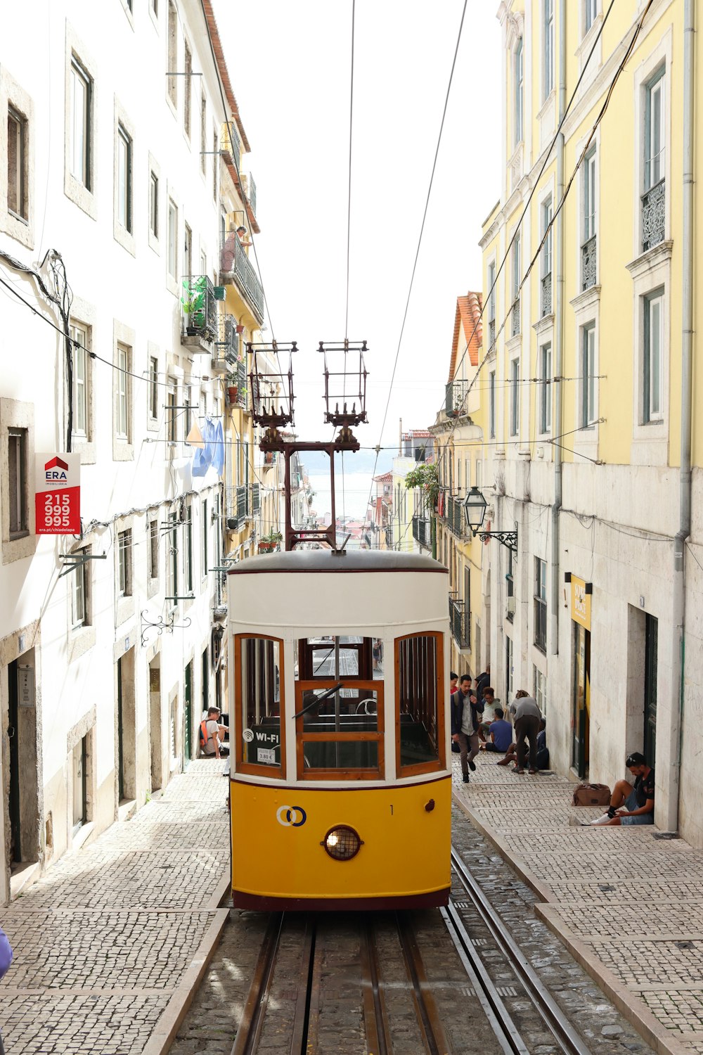 a trolley going through a city