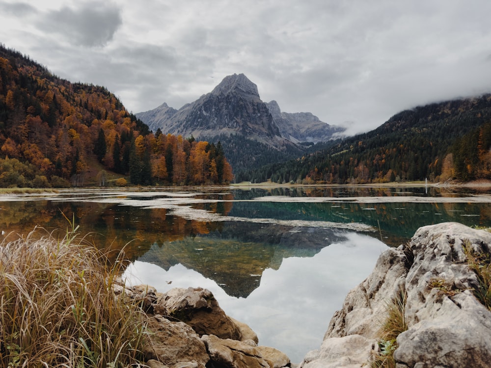 un lac entouré de montagnes