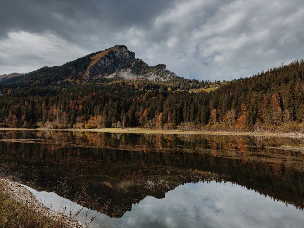 a lake with trees and mountains in the background