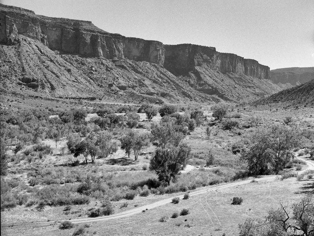 a dirt road leading up to a rocky mountain