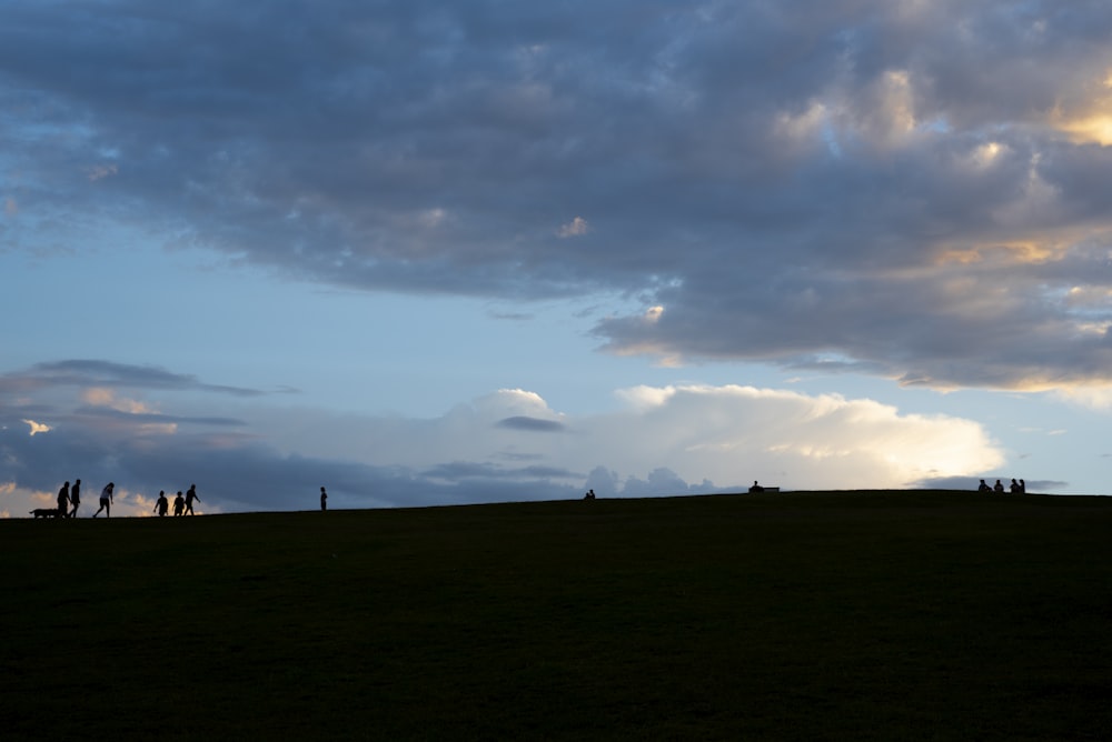 a group of people walking on a grassy hill