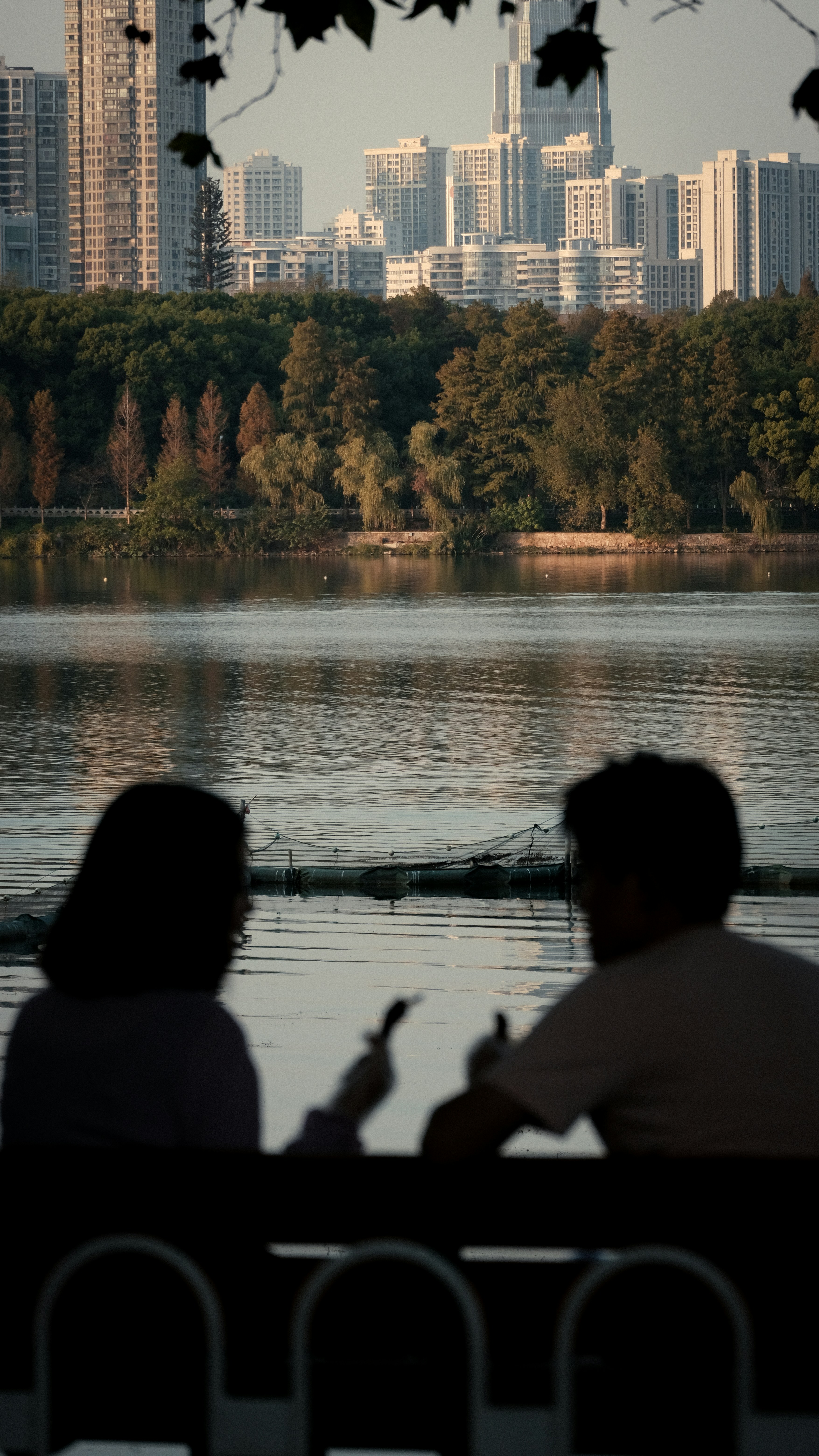 Gente sentada en un banco mirando un lago y árboles