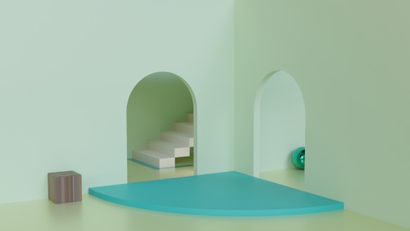 A minimalist and abstract interior space featuring two arched doorways. The left doorway leads to a set of white stairs, and a small wooden cube sits nearby. A smooth turquoise platform dominates the forefront, while a teal spherical object is visible beyond the right archway.