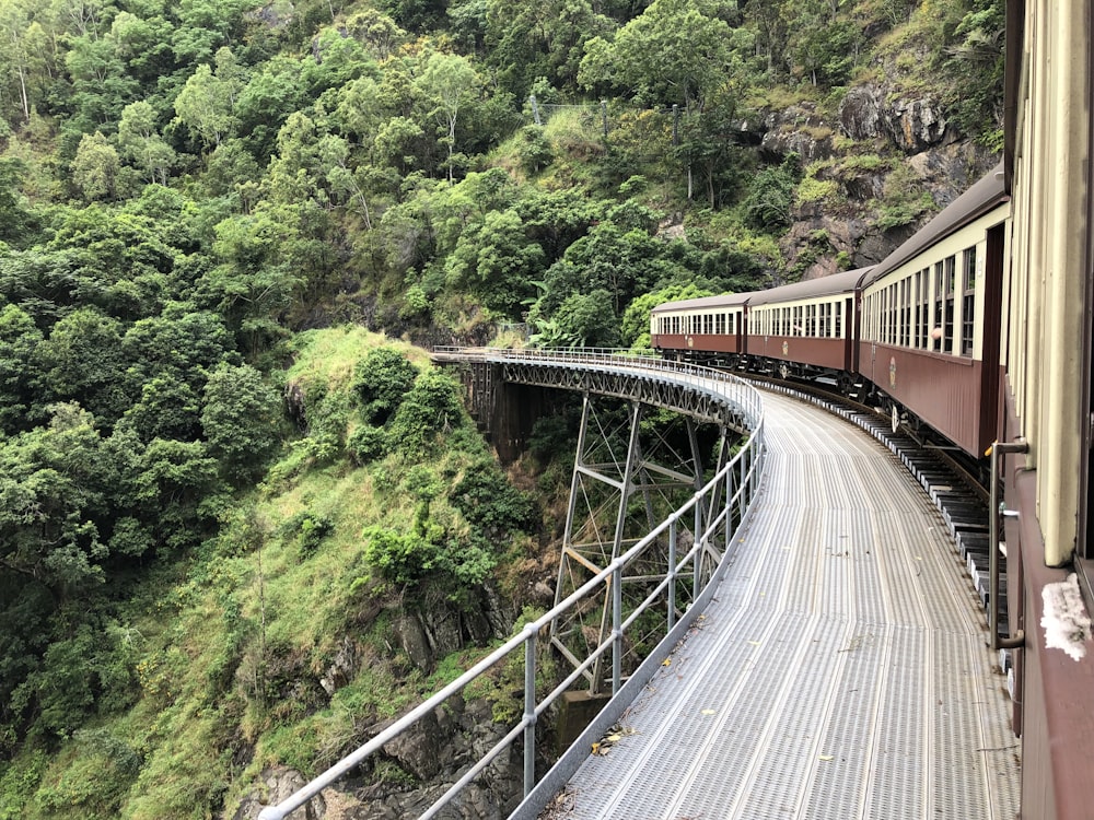 a train travels down the tracks