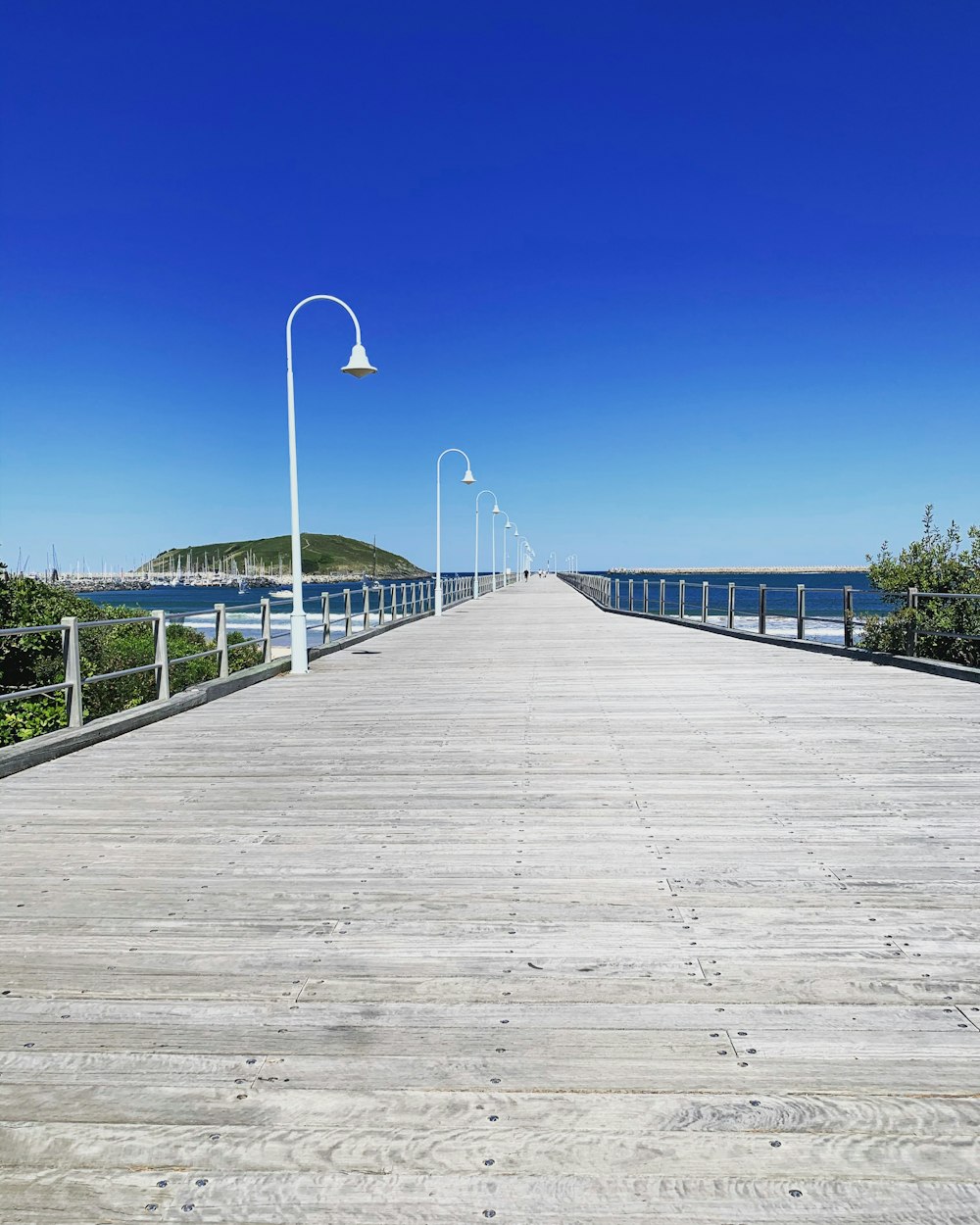 a boardwalk with light posts and a body of water in the background