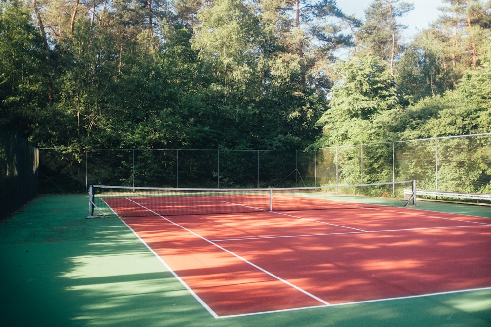 a tennis court with trees in the background