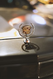 A close-up view of a luxury car emblem mounted on the hood with soft lighting highlighting its metallic finish. The background features a blurred mix of warm and cool colors, giving a sense of elegance and sophistication.