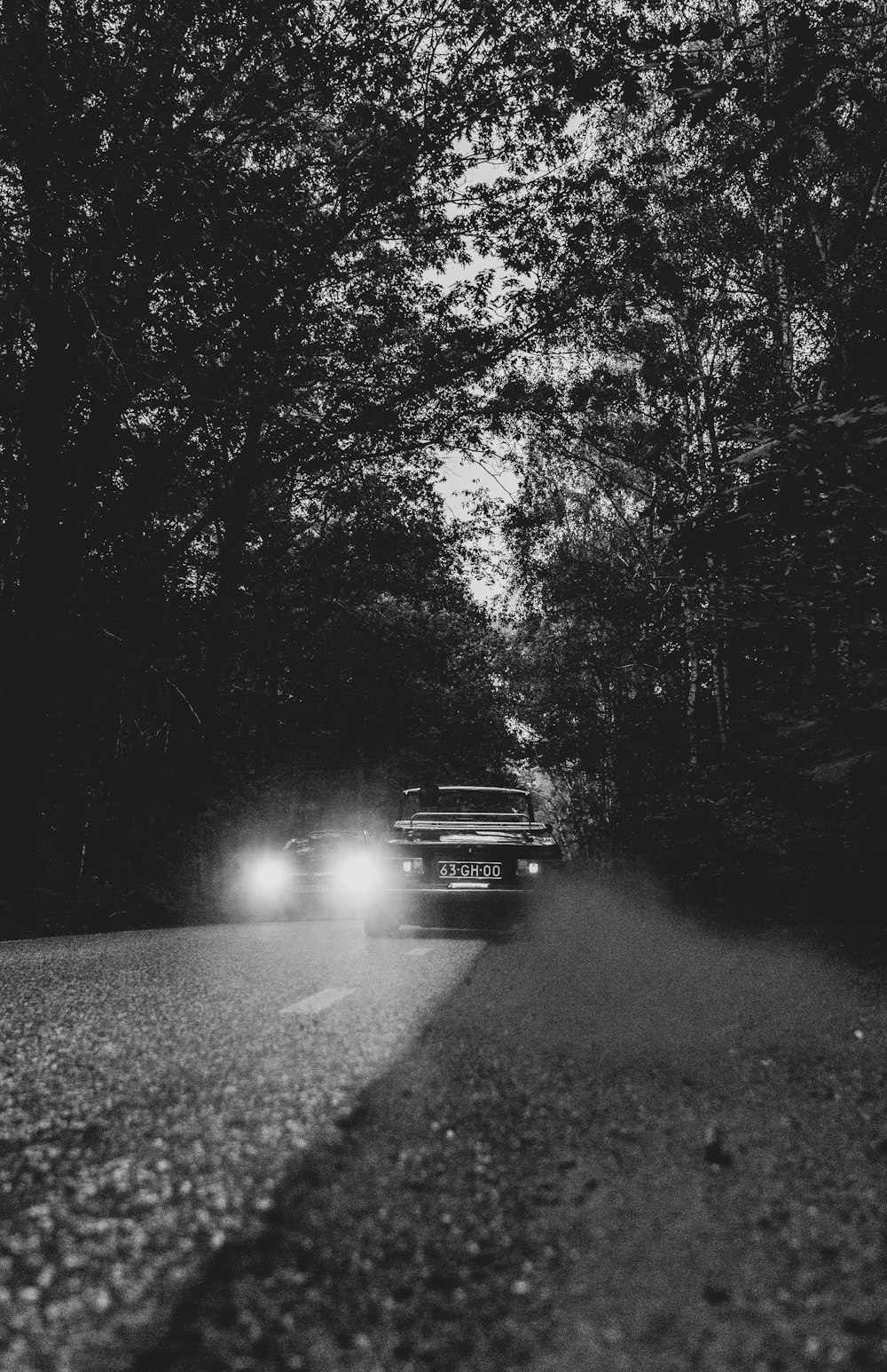 a car on a road with trees on either side of it