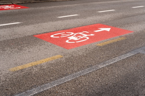 A paved road with a prominent red bicycle lane marker, including a white bicycle symbol and an arrow indicating the direction of travel. The road also has dashed white lines separating lanes.