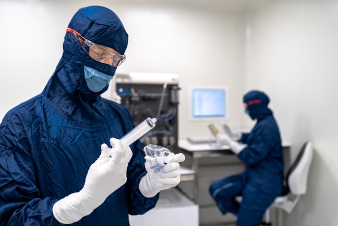 a few people in blue protective gear