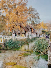 a house with a pond in front of it