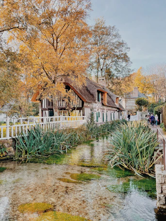 a house with a pond in front of it