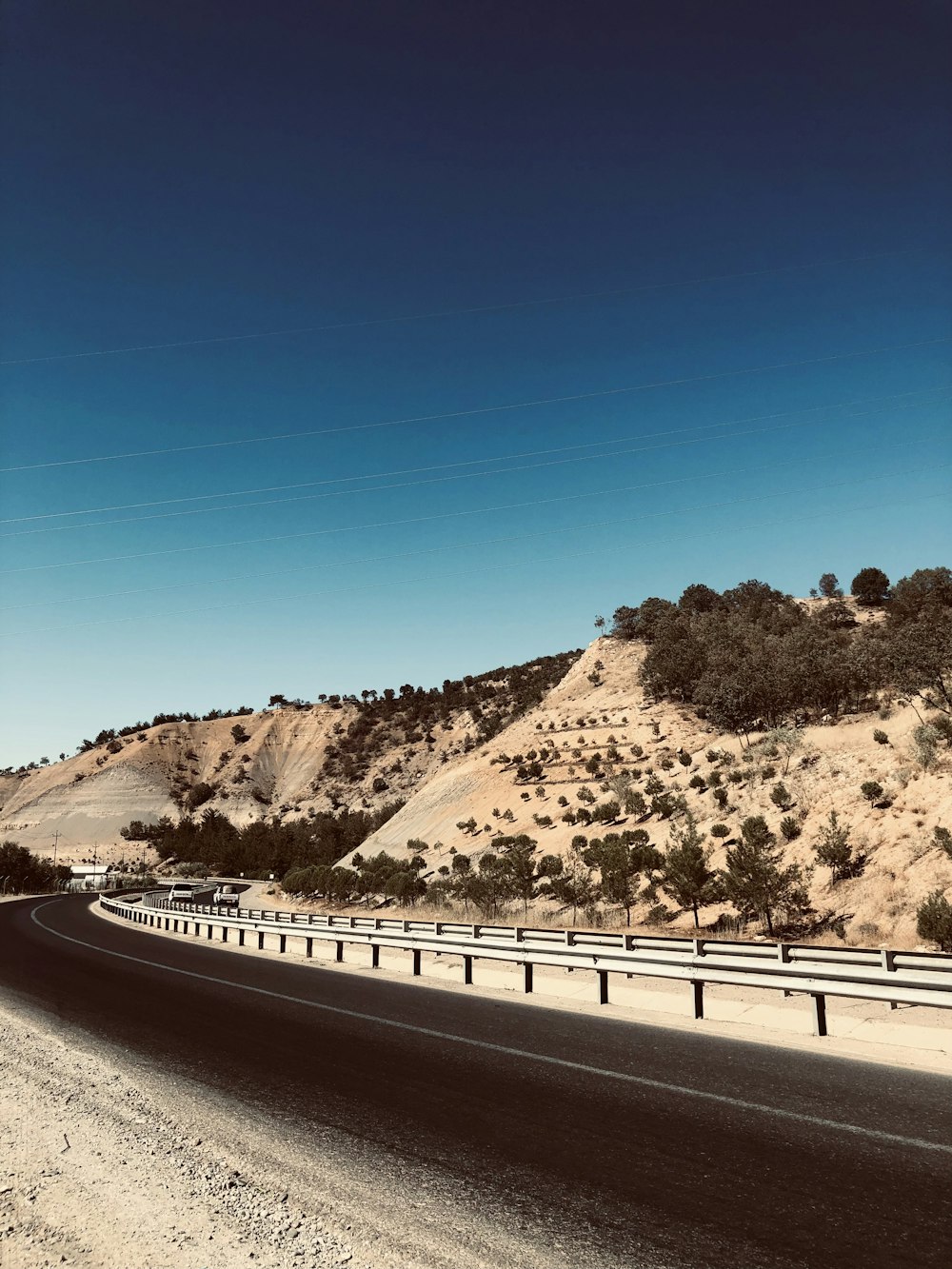 a road with a railing and a hill with trees on it