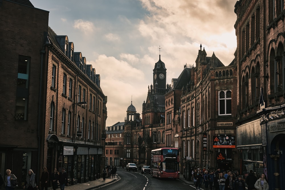 a city street with a clock tower