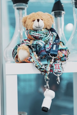 a teddy bear in a glass display