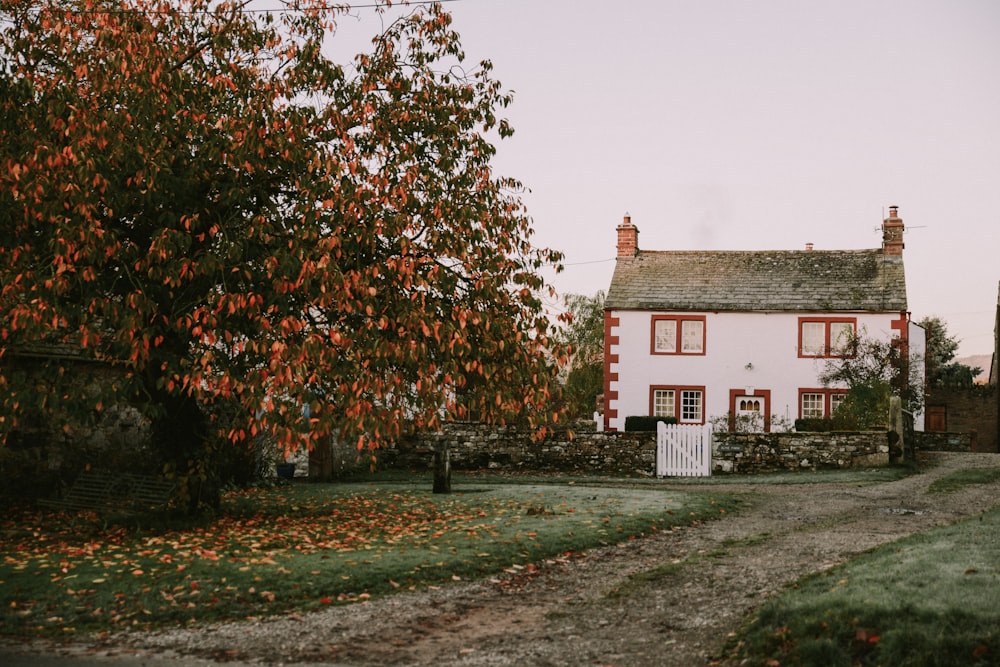 a house with a fence and trees around it