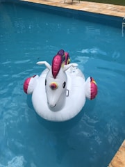 A large inflatable unicorn float with colorful accents is positioned in a clear blue swimming pool. The unicorn features a white body with vibrant pink and purple mane and tail, positioned against a tiled pool deck and grass.