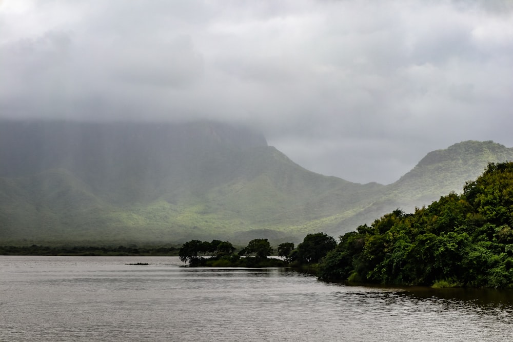 a body of water with trees and mountains in the background