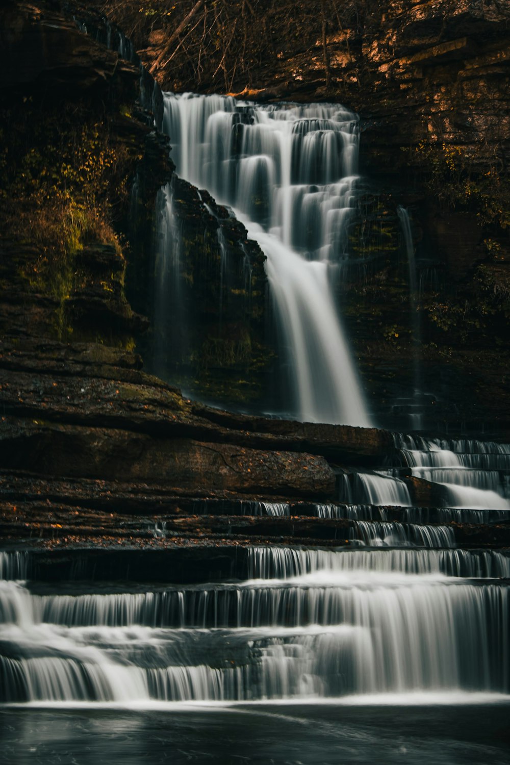 a waterfall with trees around it