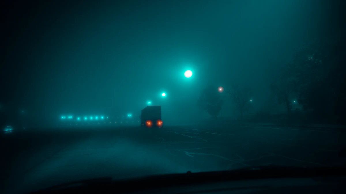 A truck ahead in teal fog, seen from the driver's seat