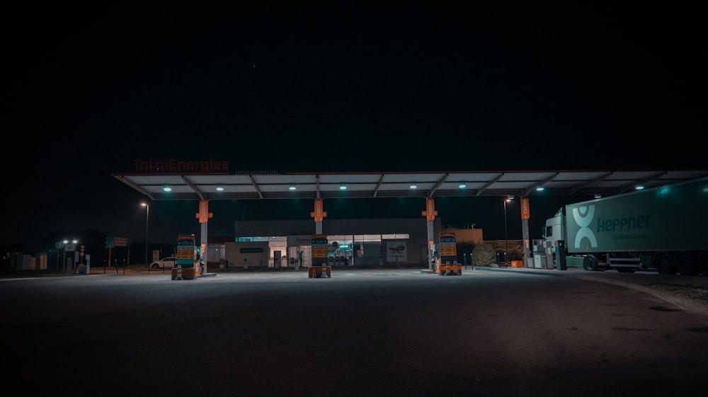 a gas station at night