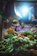 A smiling woman arranging fresh vegetables at a rustic farm stand bathed in morning light.