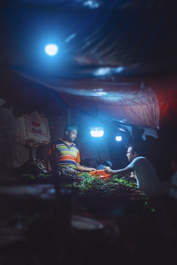 A dimly lit market scene with two people engaged in a transaction. One person, wearing a colorful striped shirt, is positioned behind a table full of fresh vegetables, while the other person, in a light colored shirt, is handing over a payment. The setting is illuminated by bright, blue-tinged artificial lights creating a moody atmosphere.